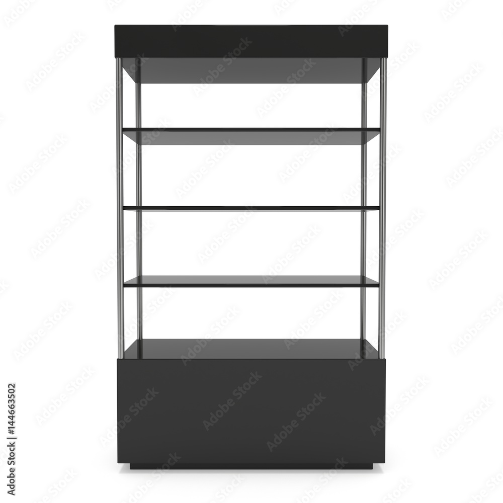 Empty showcase with glass shelves for exhibit. 3D render illustration isolated on white background. Trade show booth blank pedestal for expo design. Empty showcase with glass shelves for exhibit. 3D render illustration isolated on white background. Trade show booth blank pedestal for expo design.