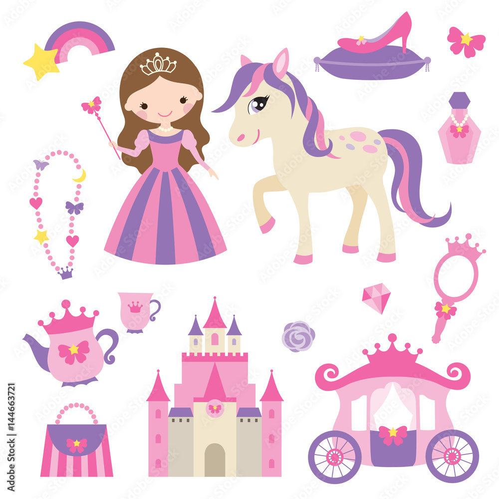 Vector illustration of princess, castle, carriage, pony and girl accessories set. Vector illustration of princess, castle, carriage, pony and girl accessories set.
