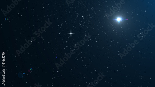 Stars in night sky with digital lens flare background.