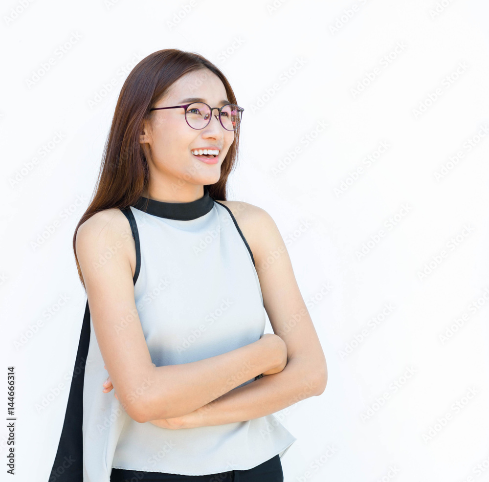 Smiling woman with beautiful isolated on white with Bespectacled Smiling woman with beautiful isolated on white with Bespectacled