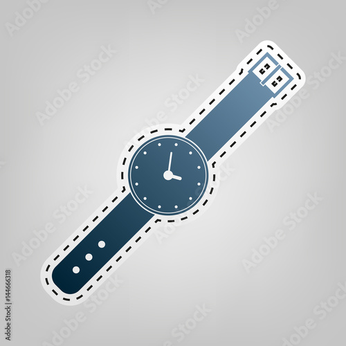 Watch sign illustration. Vector. Blue icon with outline for cutting out at gray background.