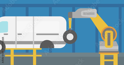 Factory robot assembling vehicle in assembly shop.