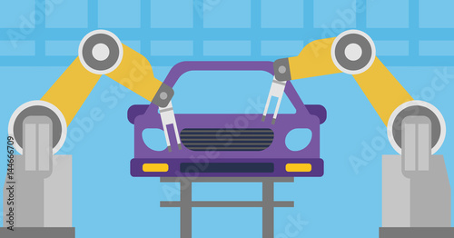 Robotic arm assembling car in assembly shop.