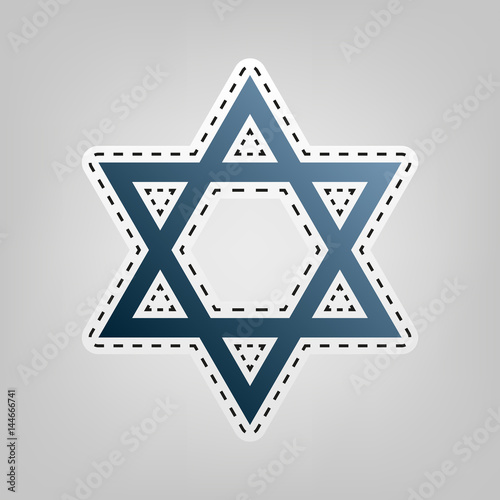Shield Magen David Star. Symbol of Israel. Vector. Blue icon with outline for cutting out at gray background.