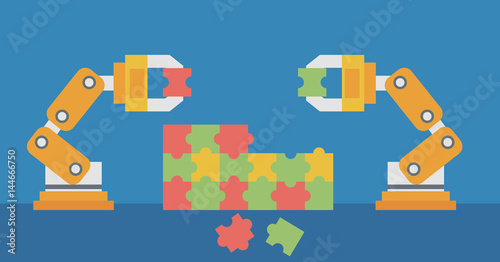 Two robotic arms building a colorful puzzle.