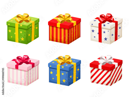 Vector set of colorful gift boxes with ribbons and bows isolated on a white background.