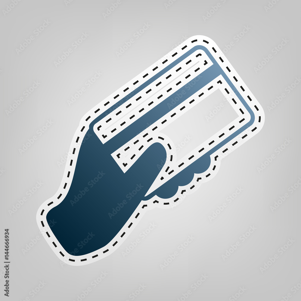 Hand holding a credit card. Vector. Blue icon with outline for cutting out at gray background. Hand holding a credit card. Vector. Blue icon with outline for cutting out at gray background.