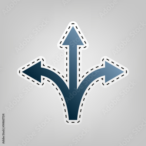 Three-way direction arrow sign. Vector. Blue icon with outline for cutting out at gray background.