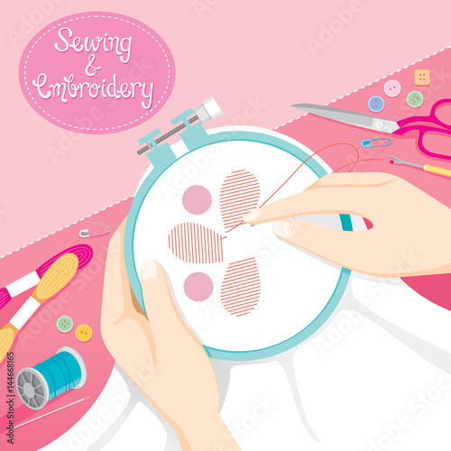 People Hand Sewing Clothes In Embroidery Hoop, Needlework, Tailor, Handmade, Dressmaking, Hobby, Profession, Occupation