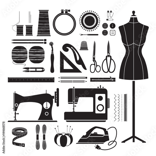 Sewing Kit Icons Set, Monochrome, Needlework, Tailor, Handmade, Dressmaking, Hobby