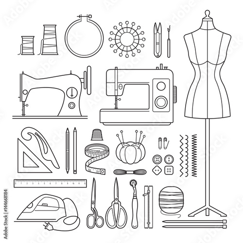 Sewing Kit Outline Icons Set, Needlework, Tailor, Handmade, Dressmaking, Hobby