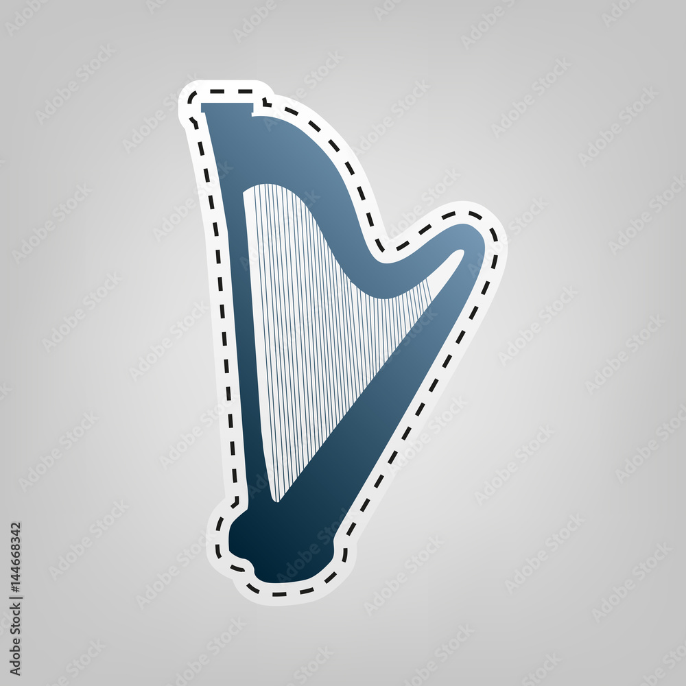 Obraz premium Musical instrument harp sign. Vector. Blue icon with outline for cutting out at gray background.