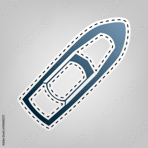 Boat sign. Vector. Blue icon with outline for cutting out at gray background.
