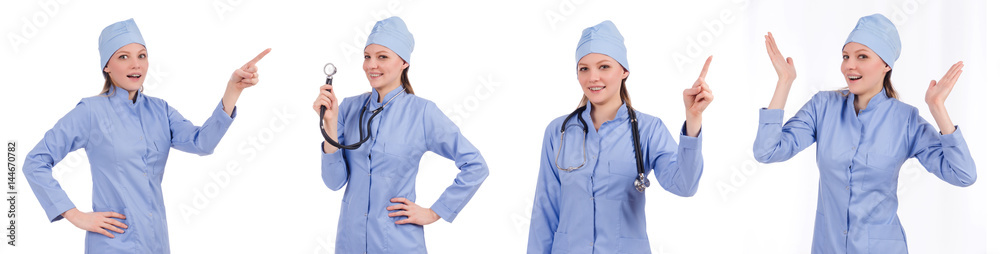 Woman doctor pressing virtual button Woman doctor pressing virtual button