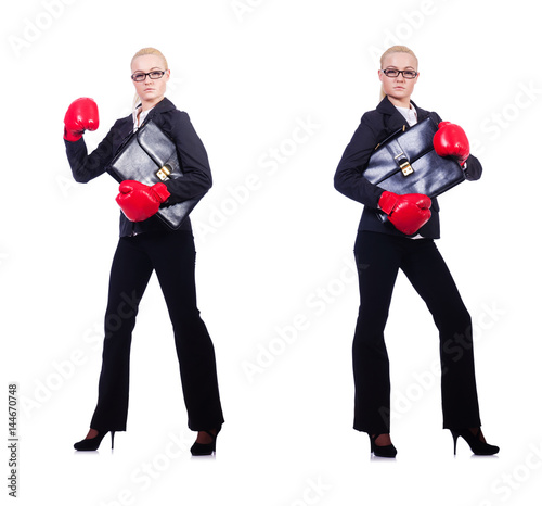 Woman businesswoman with boxing gloves on white