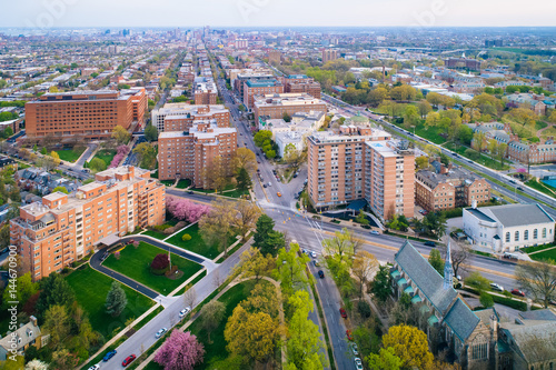 Aerial view of Guilford and Charles Village, in Baltimore, Maryland.