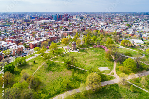 Aerial view of the pagoda at Patterson Park  in Baltimore  Maryland.
