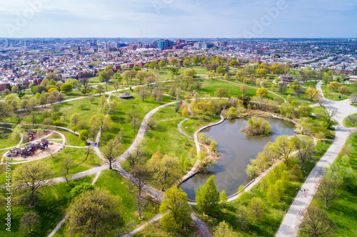 Aerial view of the pond at Patterson Park, in Baltimore, Maryland.