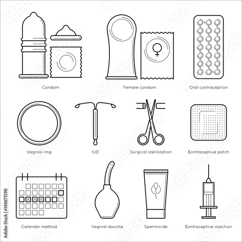 Contraception lineart design, hand drawn sketch set of medical objects with titles, health care and educational concept, vector illustration on white background