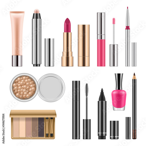 Set of cosmetics, lady makeup accessories lip stick, gloss, nail polish, eyeline, eye shadow, mascara, vector realistic illustration, template for ads or beauty magazine