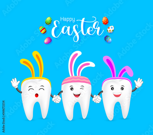 Cute tooth characters with rabbit ears decoration. Happy Easter concept. illustration isolated on blue background.