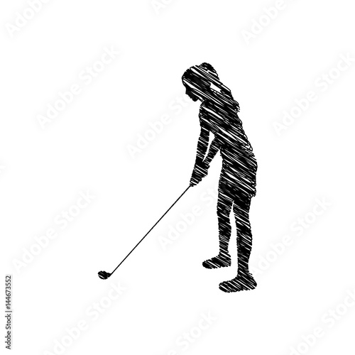 silhouette drawing girl playing golf in position vector illustration