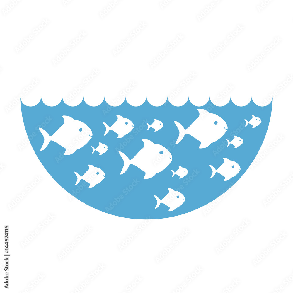 silhouette fishes in blue ocean with waves vector illustration