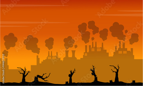 Silhouette of industry and forest on fire landscape
