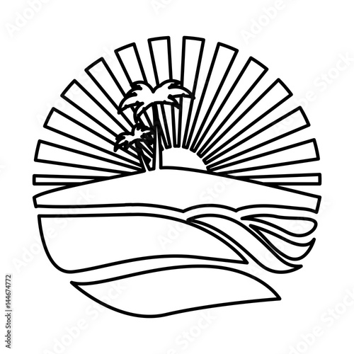 silhouette circular background sunset in the beach with palms vector illustration