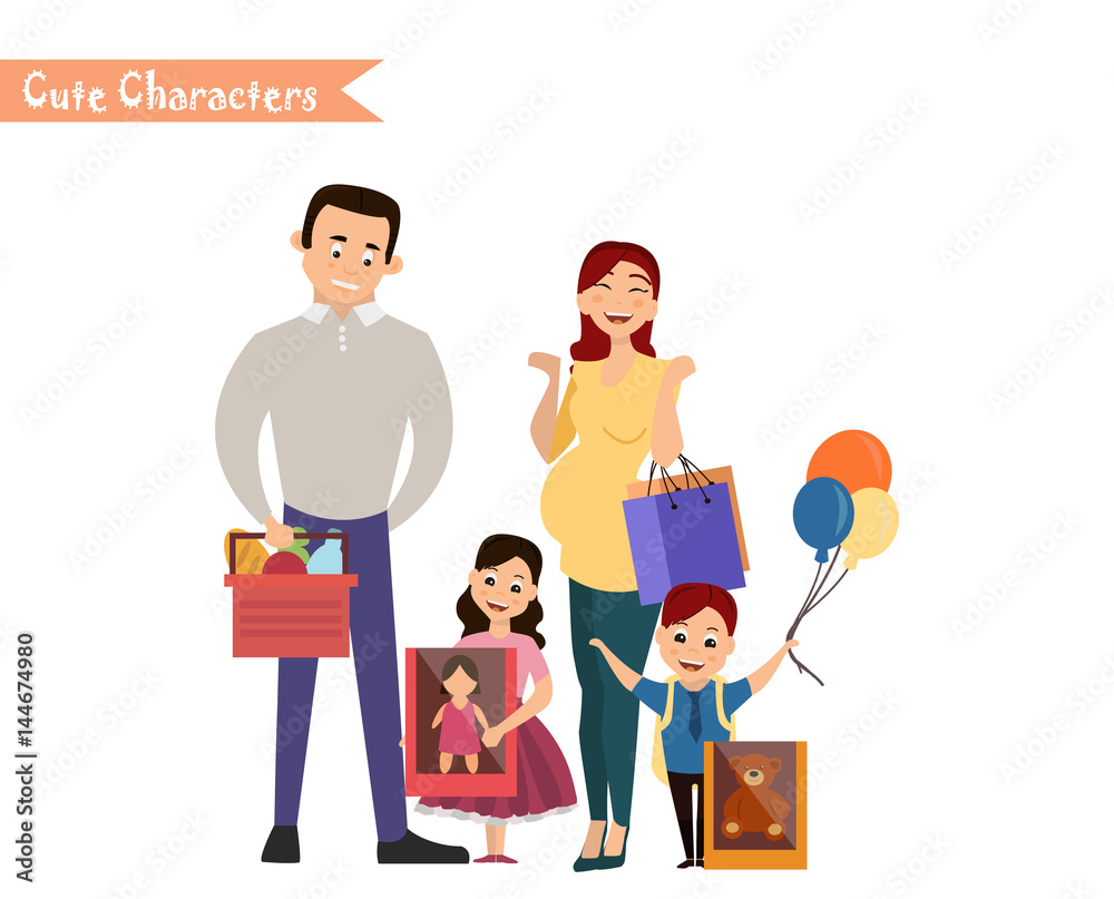 Set of characters and people shopping.