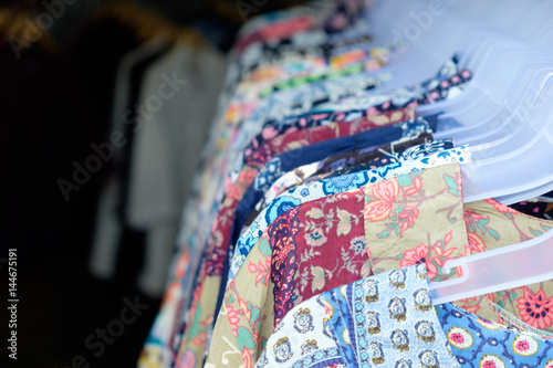 Selective focus colorful handmade cotton hanging clothes