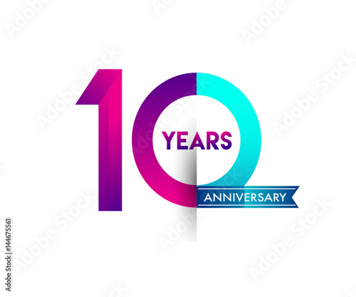 ten years anniversary celebration logotype colorful design with blue ribbon, 10th birthday logo on white background