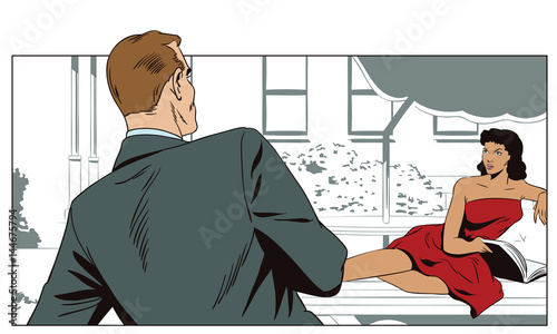 Women and Man are talking in courtyard of house. Stock illustration.