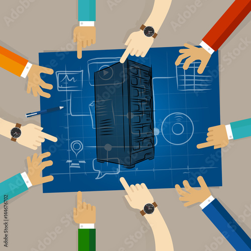 server technology infrastructure web hosting hardware planning sharing team work on paper looking to blue print concept of planning hands pointing collaboration group in office