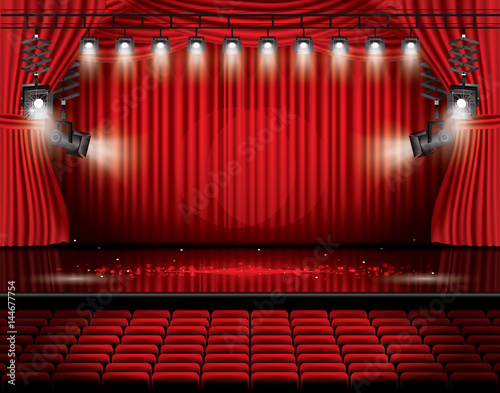Red Stage Curtain with Spotlights, Seats and Copy Space.
