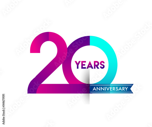 twenty years anniversary celebration logotype colorful design with blue ribbon, 20th birthday logo on white background