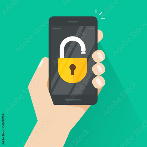 Unlocked smartphone vector illustration, flat style mobile phone with open lock in hand, concept of security, protection technology, authorization process
