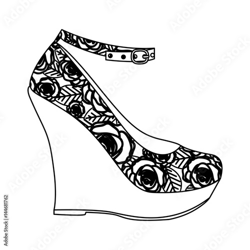 monochrome silhouette of high heel platform shoe with floral decoration vector illustration