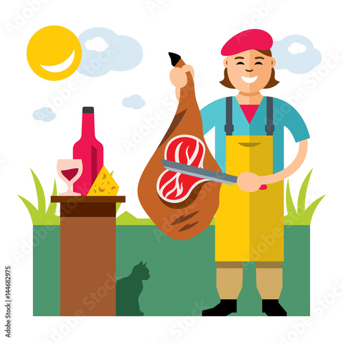 Vector Jamon Butcher Shop. Flat style colorful Cartoon illustration.