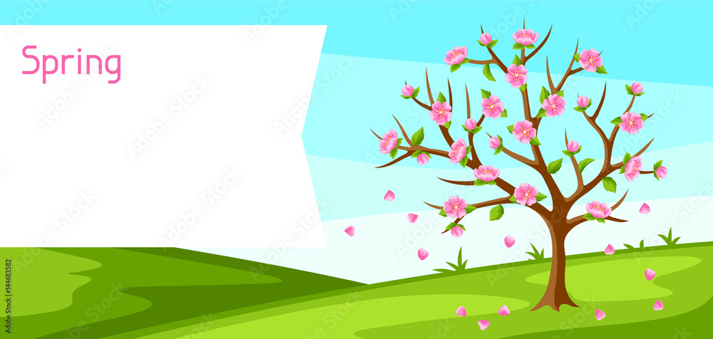 Spring landscape with tree and sakura flowers. Seasonal illustration
