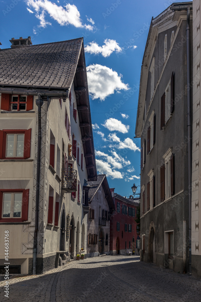 Colorful medieval street in Samedan in Engadin Colorful medieval street in Samedan in Engadin