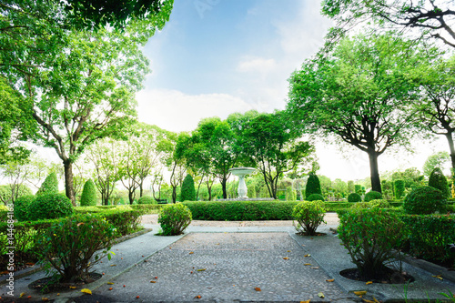 Crushed rock road on the green garden are public park in Bangkok, Thailand. It have bush in foreground and tree in background in blue sky day.
