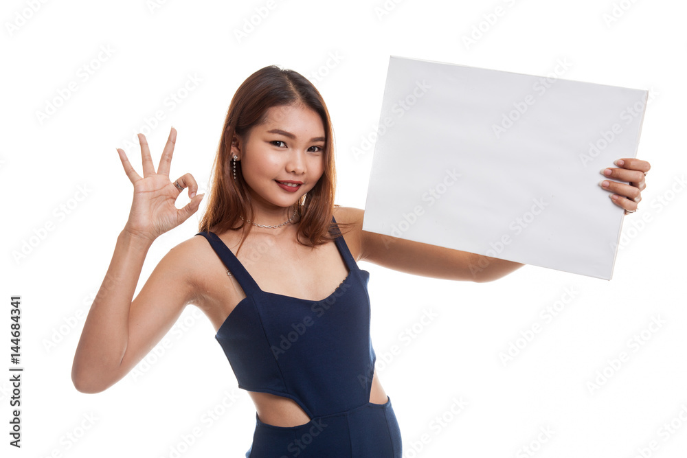 Young Asian woman show OK with white blank sign. Young Asian woman show OK with white blank sign.