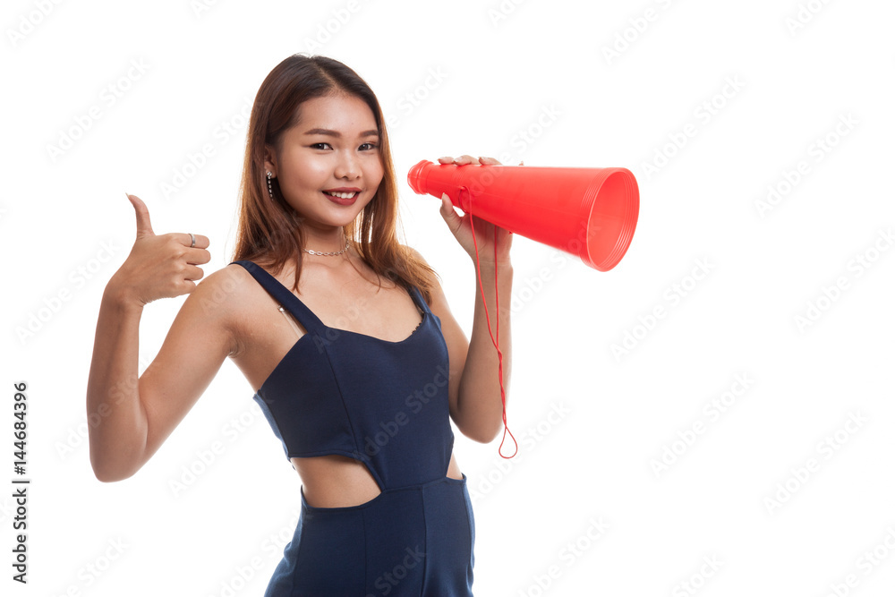 Beautiful young Asian woman show thumbs up announce with megaphone. Beautiful young Asian woman show thumbs up announce with megaphone.