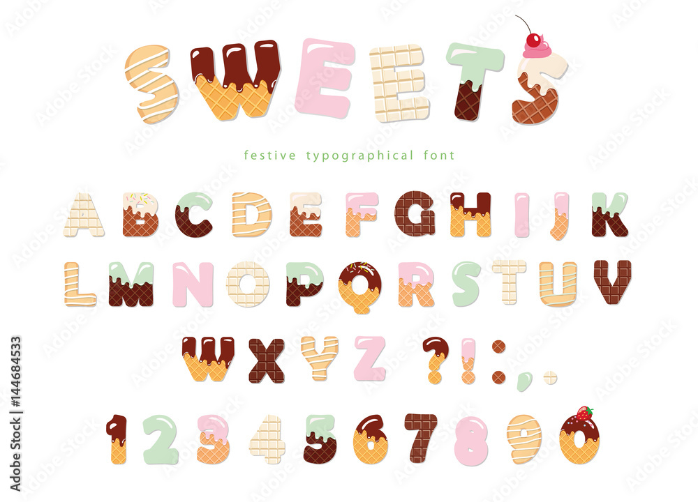 Sweets bakery font design. Funny latin alphabet letters and numbers made of  ice cream, chocolate, cookies, candies. For kids birthday anniversary or  baby shower decoration. Stock Vector | Adobe Stock