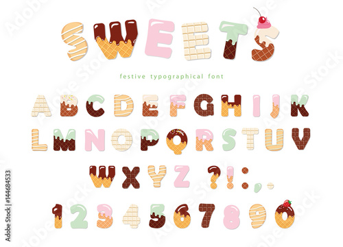 Sweets bakery font design. Funny latin alphabet letters and numbers made of ice cream, chocolate, cookies, candies. For kids birthday anniversary or baby shower decoration.