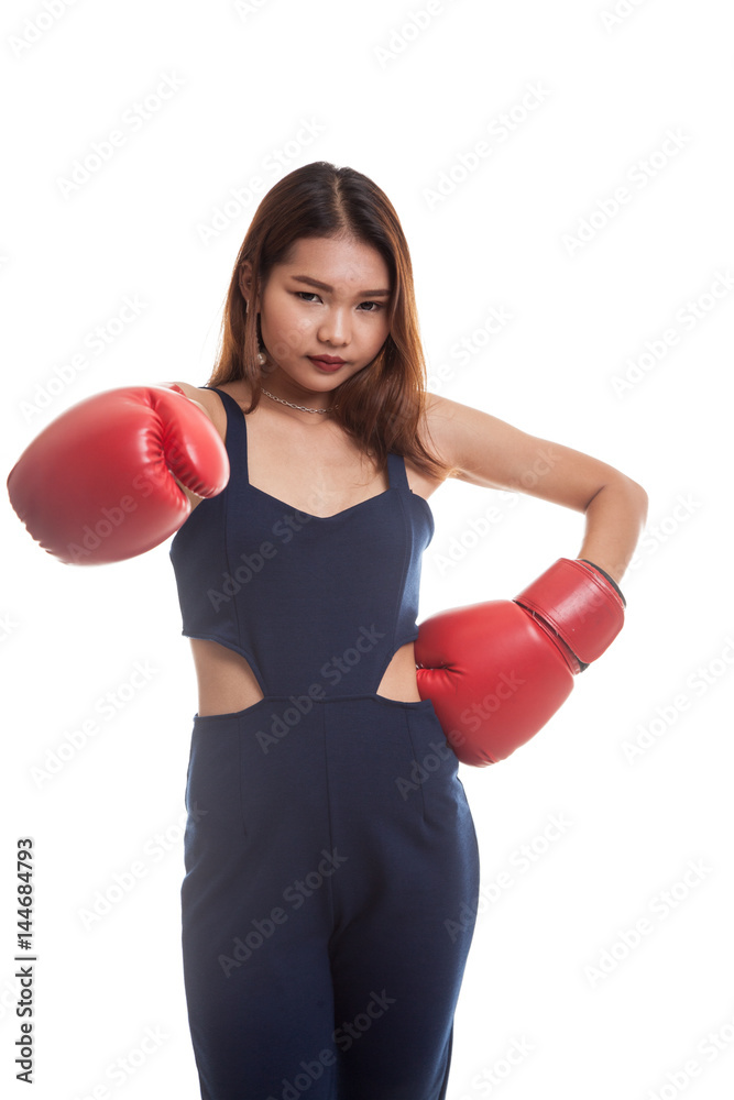 Young Asian woman with red boxing gloves. Young Asian woman with red boxing gloves.