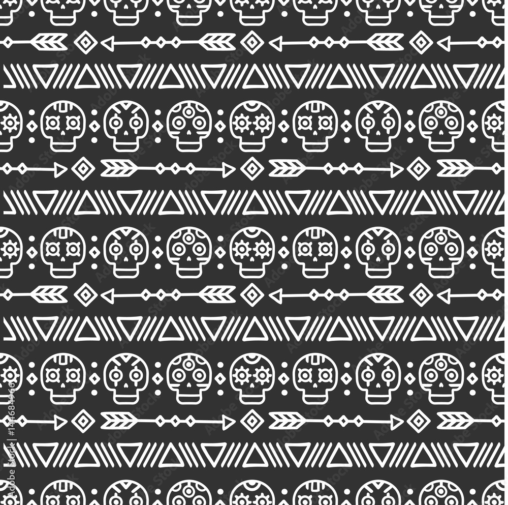 Day of the Dead. Tribal hand drawn line mexican ethnic seamless pattern. Border. Wrapping paper. Print. Doodles. Tiling. Handmade native vector illustration. Aztec background. Texture. Style skull. Day of the Dead. Tribal hand drawn line mexican ethnic seamless pattern. Border. Wrapping paper. Print. Doodles. Tiling. Handmade native vector illustration. Aztec background. Texture. Style skull.