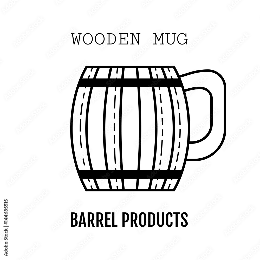 Wooden mug for beer, drinks. Black and white, flat linear icon isolated