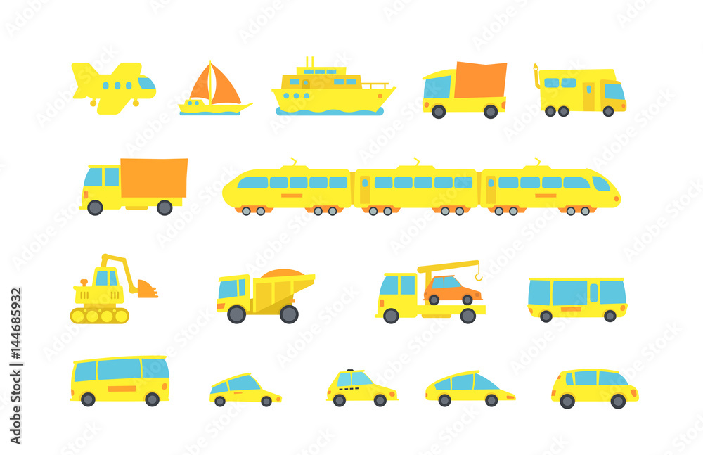 Set Yellow child transport. Variety machines cargo and passengers. Original vector illustration. Cartoon style.